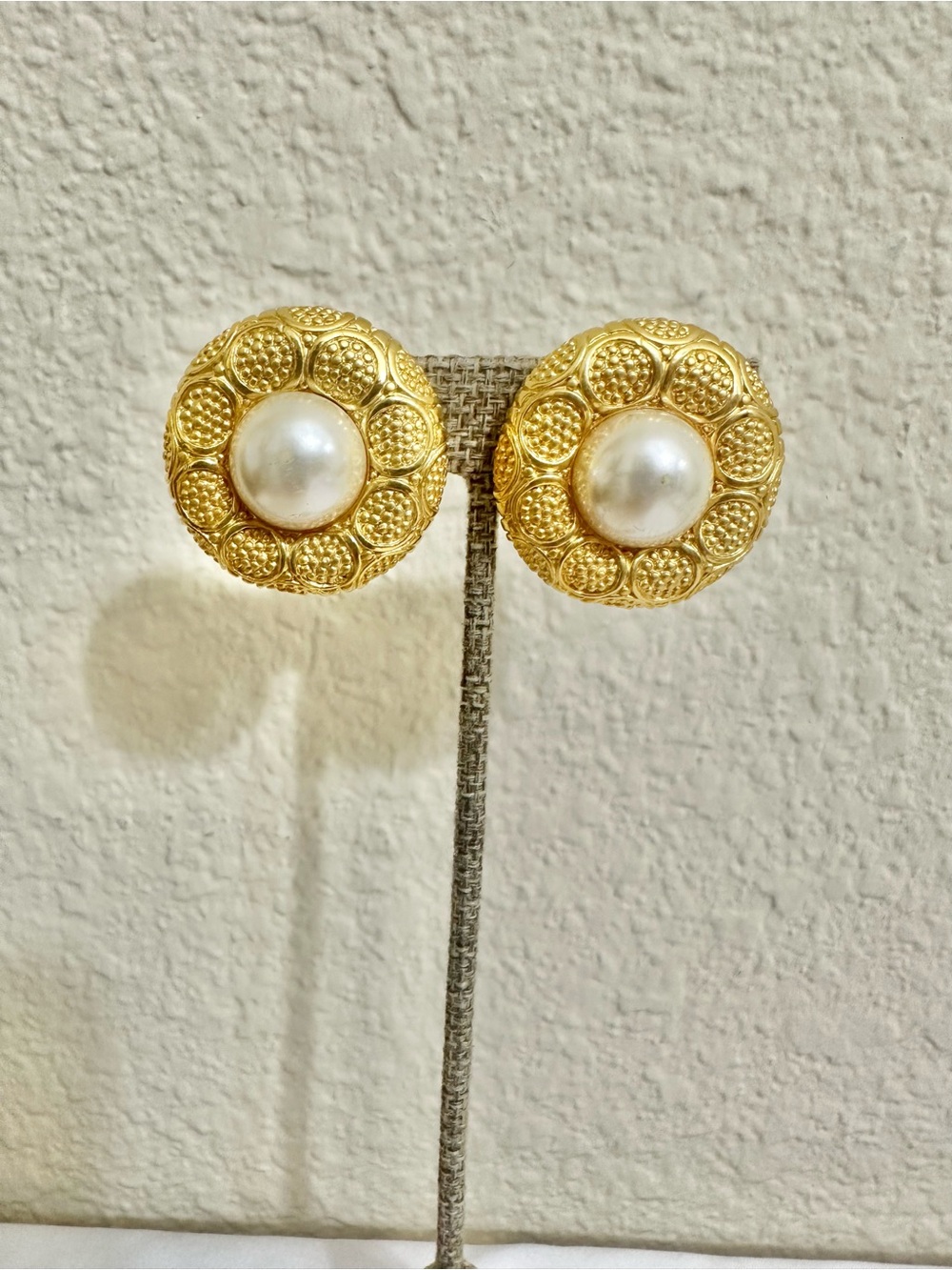 Vintage Gold Textured Pearl Button Earrings